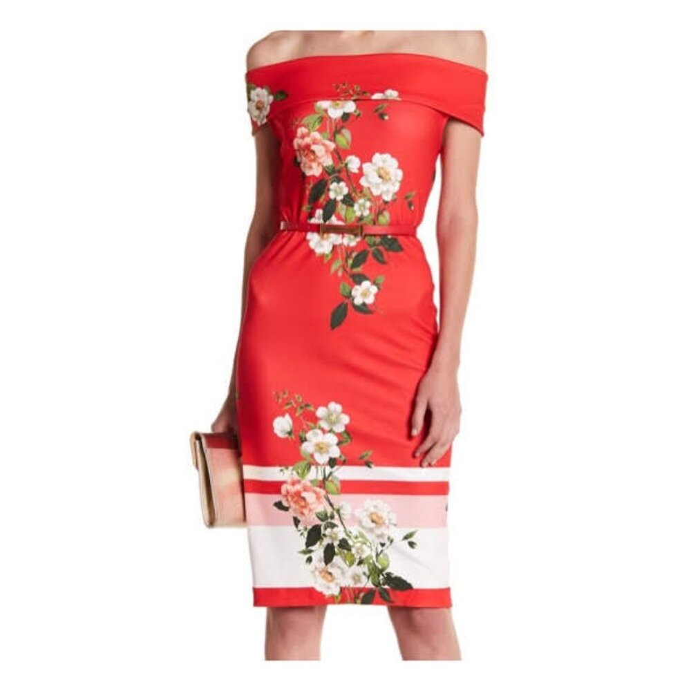 Sharagano Off Shoulder Dress Womens Red White Floral Belt Zip Back